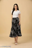 Pleated printed midi skirt, full-length polyester crepe with elastic waist, trendy and flattering for various body types, Indian fabric, wrinkle-free, travel-friendly. Sizes: 28/30/32/34/36/38/Free Size (Waist 38in, Length 32in, Hip 38in)