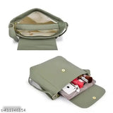 The image displays a crossbody shoulder bag with multiple pockets and compartments. This light brown satin fabric sling bag has several card slots, a transparent zippered pocket, and can accommodate a phone