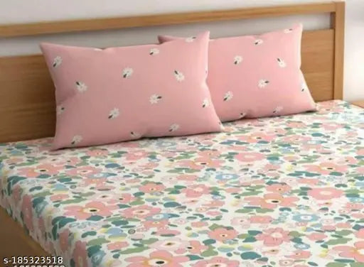 Glace cotton double king size elastic fitted bedsheet with floral pattern & 2 pillow covers, fits up to 10-inch mattress