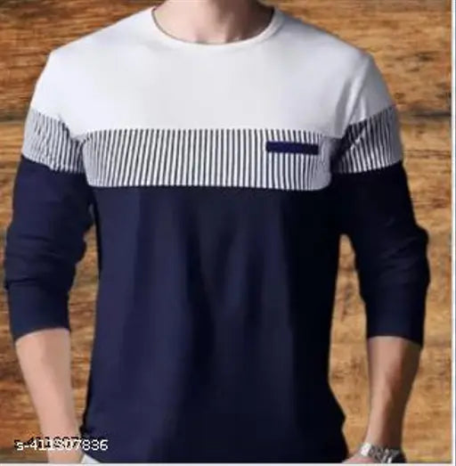 Multicolor round cotton t-shirt for men, short sleeve, vertical stripes pattern, colorblocked design - India