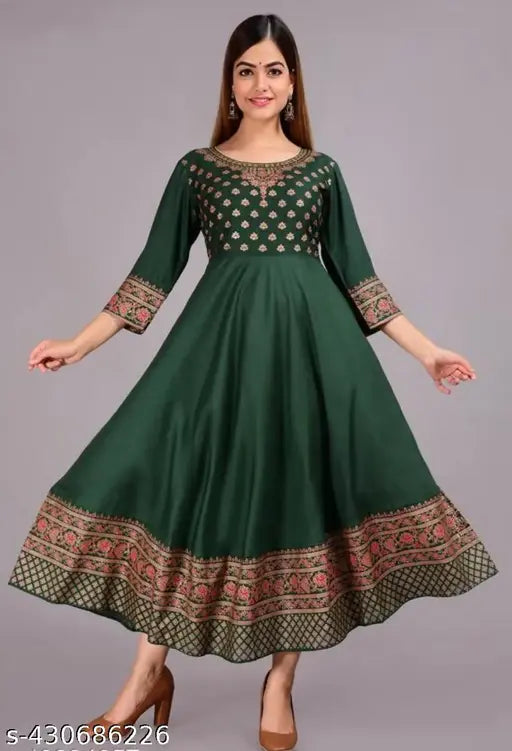 Green printed kameez, long length, women's fashion