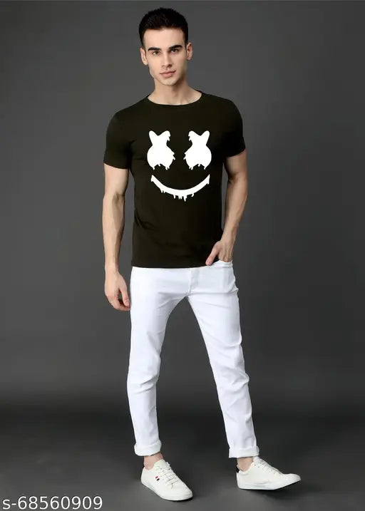 Mens printed cotton blend half sleevess smile T-shirt, vibrant design on soft material