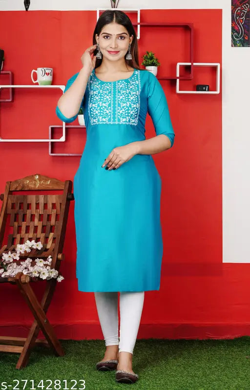 ArtSilk embroidered A-line kurti for women, digital embroidery detail, three-quarter sleeves