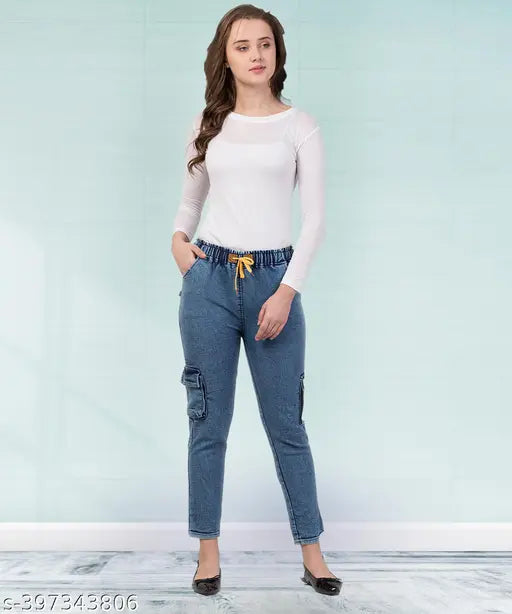Blue stretchable premium denim cargo pants, with elastic waist and ankle cuffs, in mid-waist style, for girls, plus size, designed for bloggers