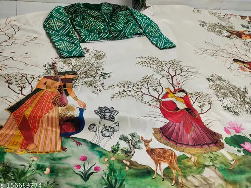 Pure satin silk, digital printed Navratri special lehenga set for kids & girls in various sizes. Rajwadi printed lehnga with unstitched blouse, dry clean only