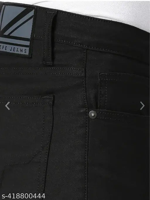 Black denim men's slim fit jeans with a brand label