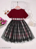 Maroon modal kids round neck frock, printed net pattern, long sleeves, 6-12 months size, Indian origin