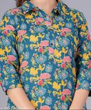 Pure cotton women's co-ord set (night suit) with three-quarter sleeves, printed pattern, and wide waistband for Indian weather. Colour-bleed resistant and machine washable