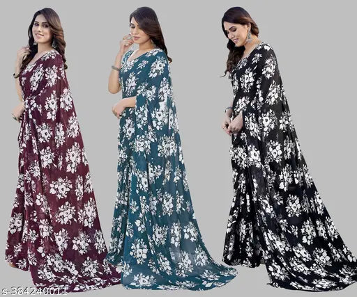 Pack of 3 Womens Printed Georgette Sarees - Black and White Flower Pattern