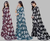 Pack of 3 Womens Printed Georgette Sarees - Black and White Flower Pattern