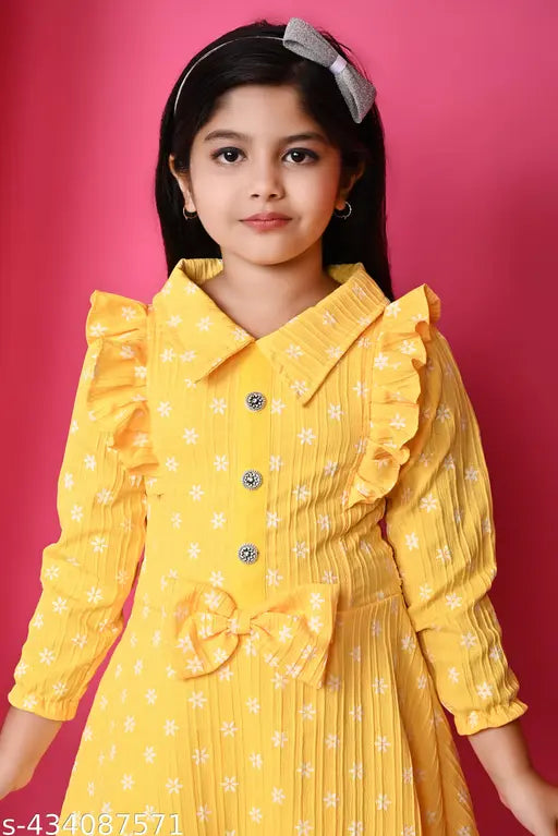 Yellow western-style party frock, girls midi-length, full sleeve, collared dress