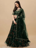 Embroidered floral net lehenga set with choli and lace dupatta, semi-stitched or free size, made in India