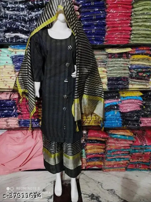 Chanderi cotton Kurta set, three-quarter sleeves with dupatta and palazzos. Best quality Indian women's fashion