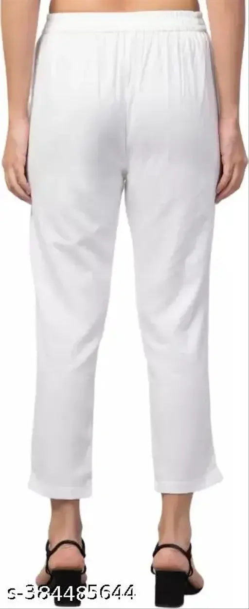 White cotton blend women's regular fit trousers, solid pattern, elevate casual chic style