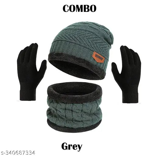 Grey winter woolen beanie cap with muffler