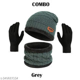 Grey winter woolen beanie cap with muffler