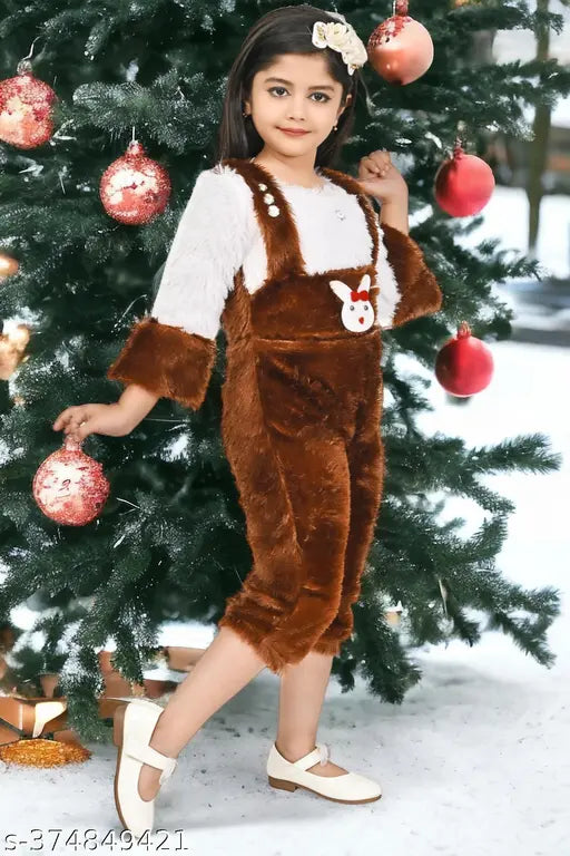 Brown woolen applique sweater jumpsuit with three-quarter sleeves, complete with matching bow tie. Fancy winter wear for kids 9-10 years