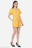 Yellow rayon crepe floral printed playsuit, v-neckline, short sleeves, two pockets, functional button, zipper closure, adjustable belt, perfect for day outfits, made in India
