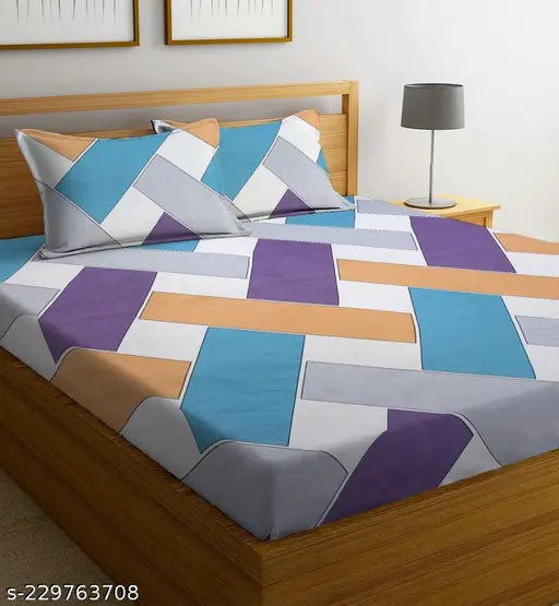 Multicolor, supersoft 220TC premium cotton flat bedsheets with 2 pillow covers for double bed (90x90 inches), geometrical print