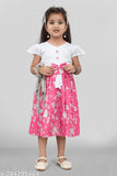 Kids girls summer dress in Rayon, short sleeves printed net design, popular on Meesho, 2-8 years range, daily/festive wear, India origin