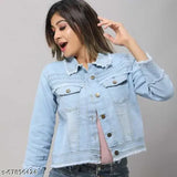 Light blue denim teen patti jacket, solid pattern, three-quarter sleeves, women's casual wear, versatile denim piece from Indian fashion collection