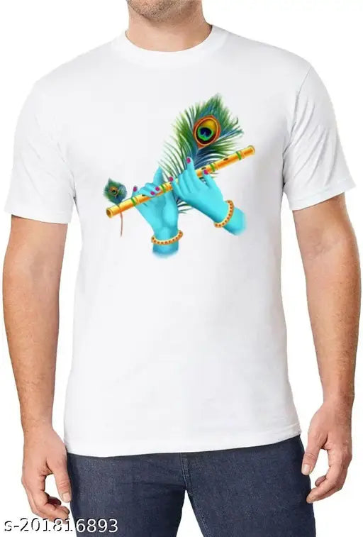 Krishna cotton blend t-shirt, short sleeves with printed net, vibrant image of Lord Krishna holding flute