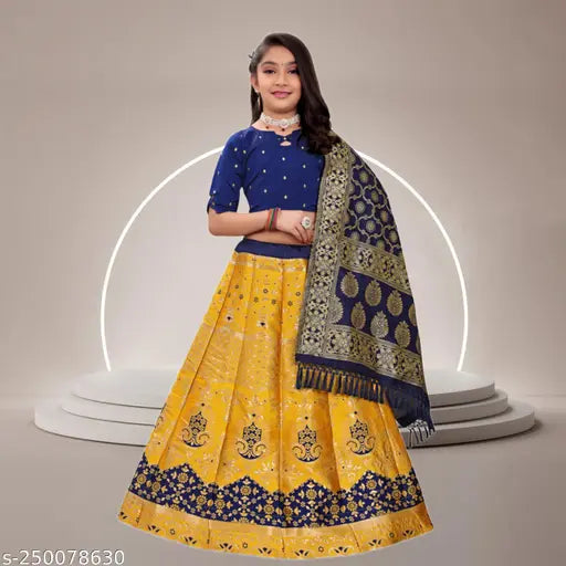 Yellow jute-cotton Kids Nafiza lehenga set with floral stitch, semi-stitched net, short sleeves. Self-designed Indian ethnic wear for 7-8 years old girls." (125 characters)