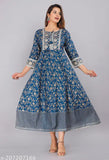 Blue printed anarkali dress with intricate embroidery, suitable for daily wear