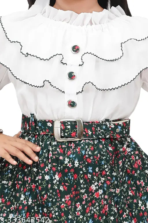 White lace ruffle sleeve dress with a belt, floral pattern