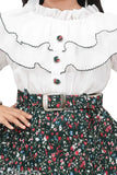 White lace ruffle sleeve dress with a belt, floral pattern
