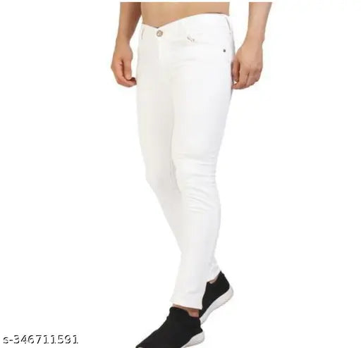 Denim Flaying Men Plain White Jeans, solid, size 28, 30, or 32. Indian-made denims on mannequin