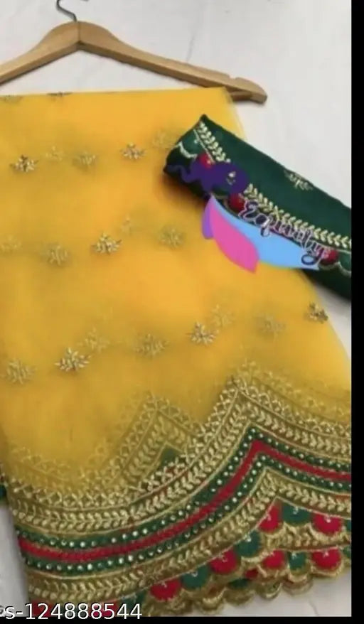 Yellow net saree with silk blouse and zari embroidery, PUSPA YELLOW 333 Indian traditional women's fashion accessory