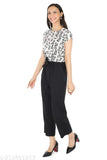 White polka dot crepe jumpsuit with black bottom, 'Tokyo' design, available in Small, Medium, Large, Extra Large, and Free Size