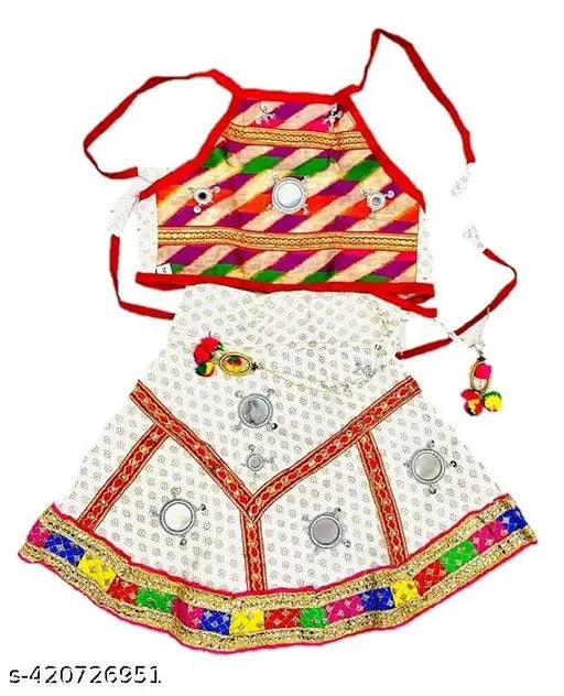 Stylish cotton lehenga-choli set for baby girl, white with multicolored top, easy-to-carry design for functions and festivals. Indian origin