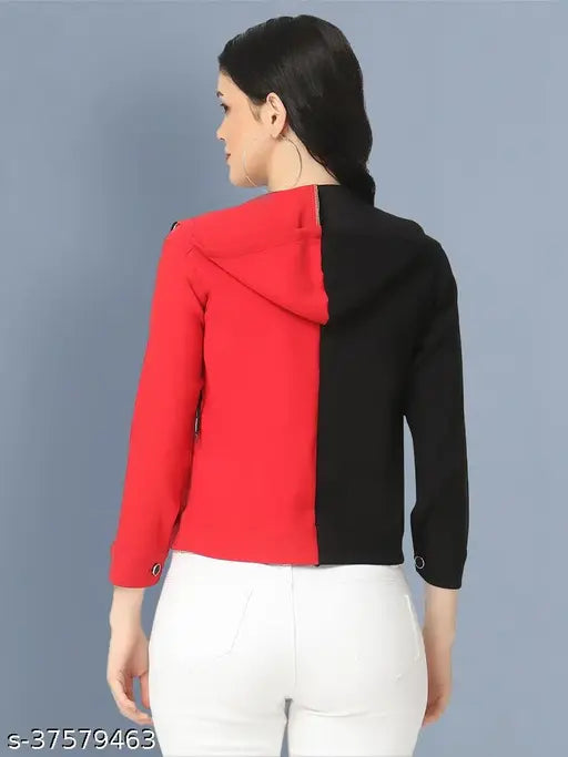 Black and Red Cotton Lycra Buttoned Jacket with Hoodie for Women, colorblocked design on hoodie and sleeves