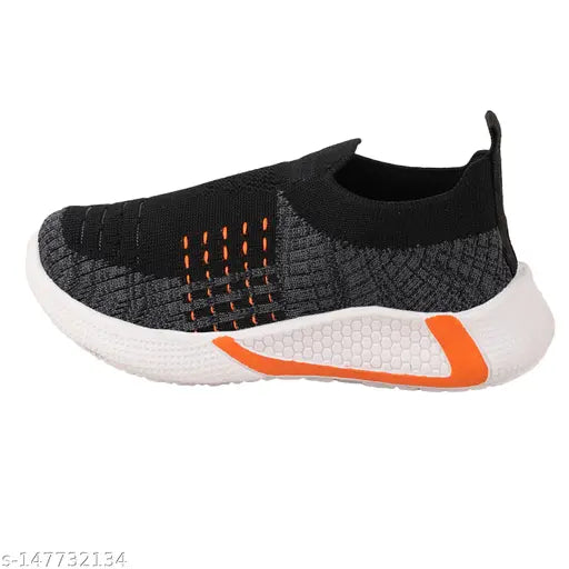 Black kids unisex casual slip-on shoes with orange pull tab