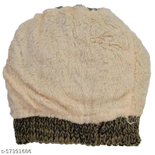 Navy woolen beanie with fur lining and pompom, textured winter cap for women & girls, made in India