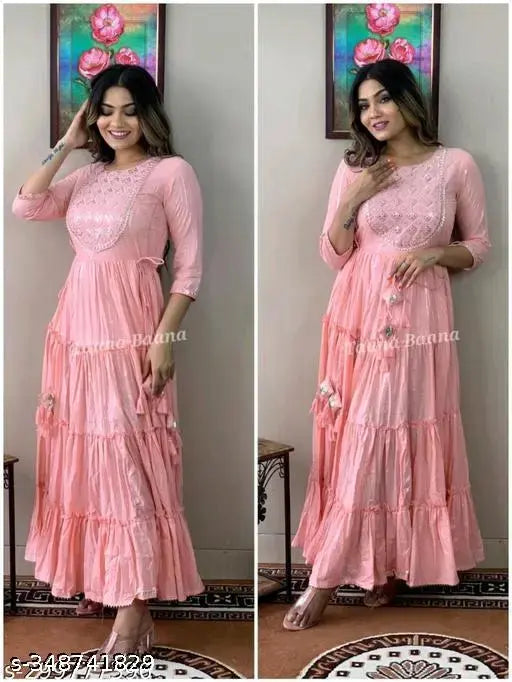 Pink rayon embroidered Anarkali gown, trendy long party wear for women