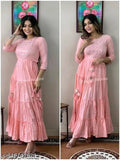 Pink rayon embroidered Anarkali gown, trendy long party wear for women