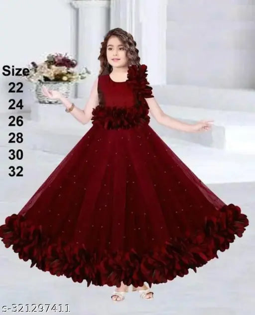 Sleeveless net gown for kids, solid pattern in sizes 3-4, 4-5, 5-6, 7-8 years. Indian made stylish party dress