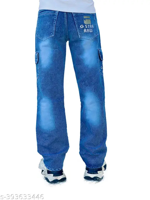 Straightfit denim jeans with faded wash and distressed patches, pack of 1