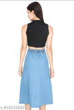 Light blue denim skirt, cropped waist, casual wear