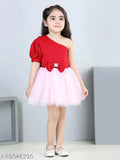 Red and pink dress with ruffled sleeves, V-neckline, knee-length skirt, off-shoulder design