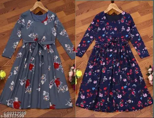 Navy blue floral long dress, midi length, gathered waist, button front