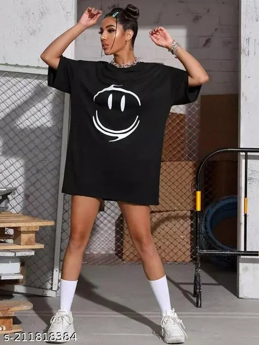 Large black print t-shirt with smiley face design, round neck, oversize fit, short sleeves