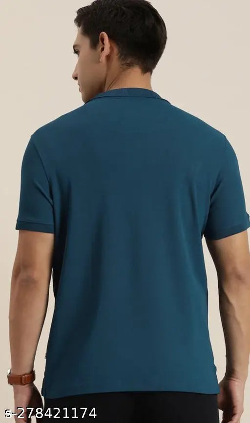 Airforce blue cotton blend polo neck t-shirt for men, solid design, 180 gsm durable fabric. On hanger, soft and silky finish