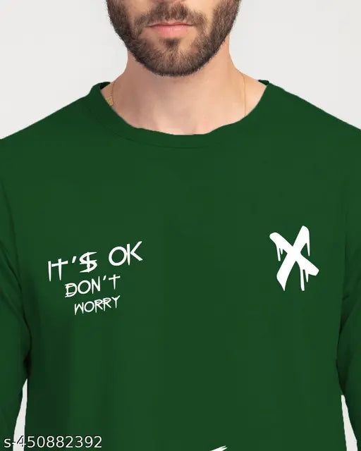 Green polyester Stylogue men's printed round neck t-shirt with three-quarter sleeves, India origin