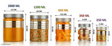 Kitchen containers set with spoons, premium design, glass and stainless steel, 250ml, 350ml, 650ml, 1200ml, 2000ml