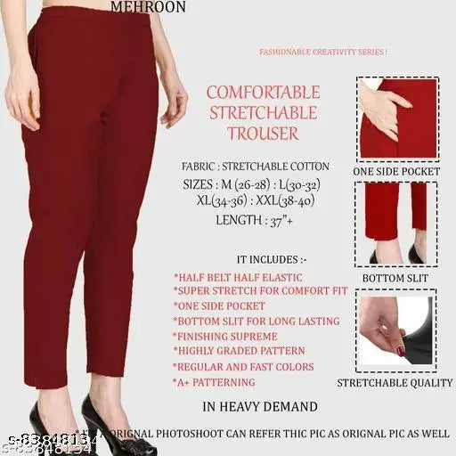 Cotton-lycra women's comfort trousers, solid color, stylish bottom wear, Indian origin