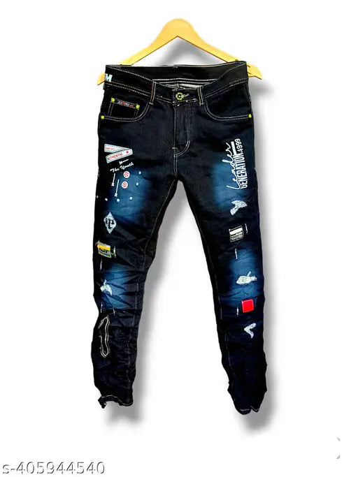 Funky designer denim jeans for men, pre-shrunk and pill-resistant cotton, dyed/washed, contrasting thread, durable quality. 30" x 38", made in India